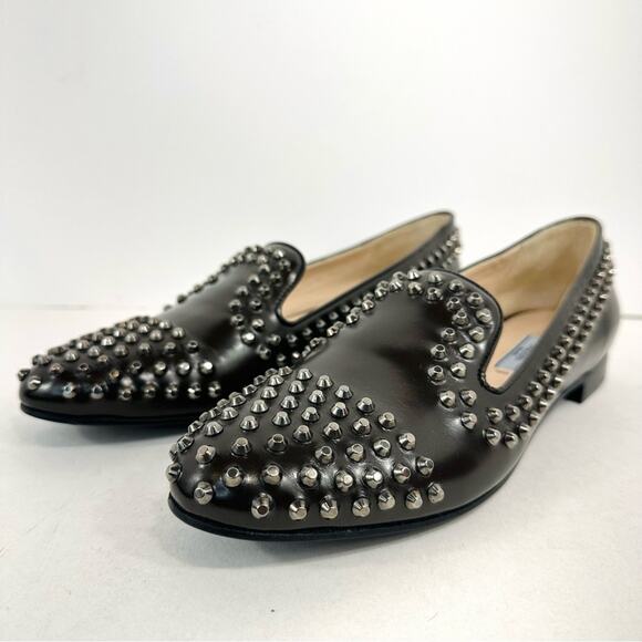 Prada Black Leather Silver Studded Smoking Loafer flats Size 38 US Size 8 - Picture 6 of 10